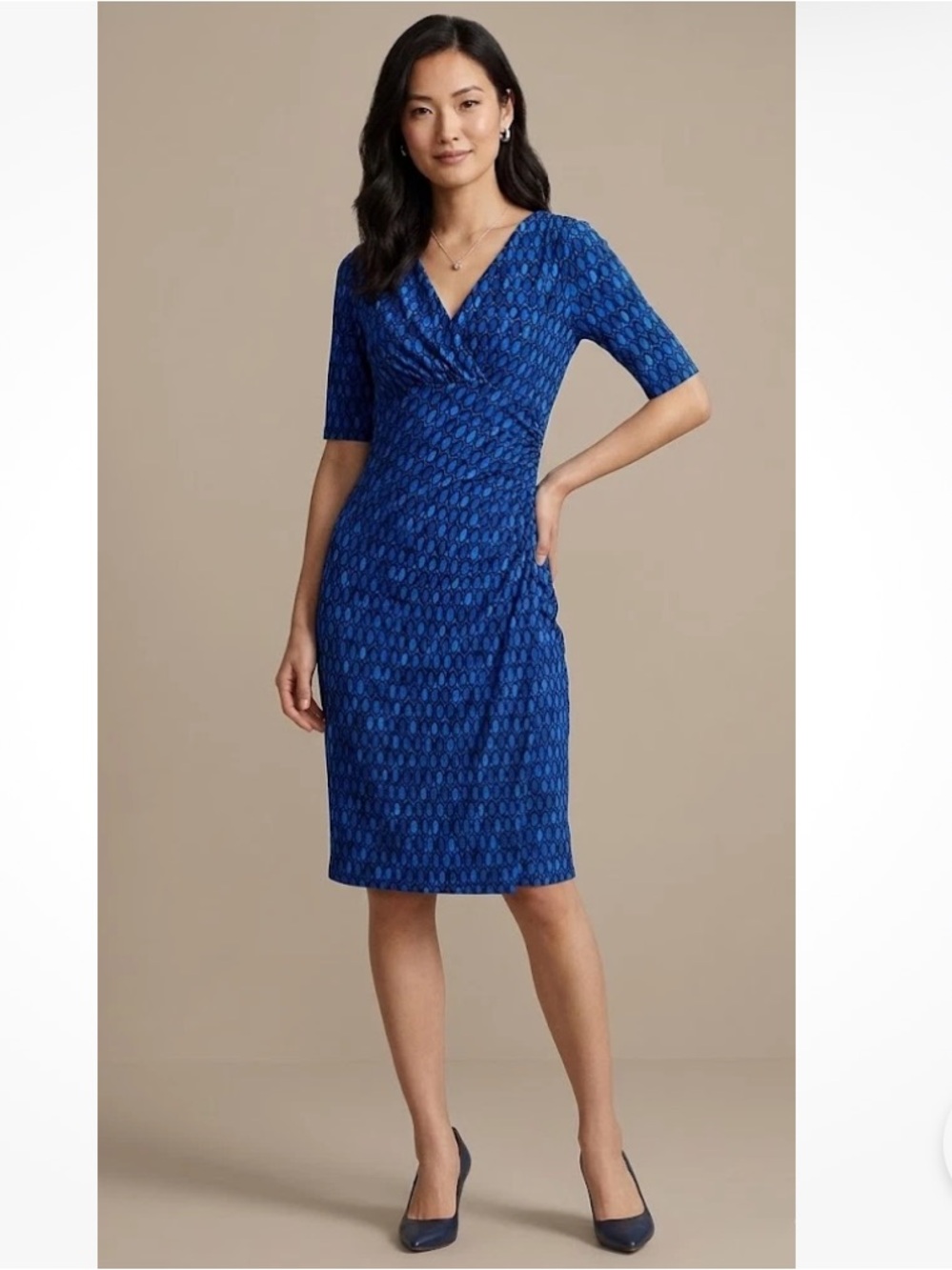 Lauren Ralph Lauren Geometric Print 3/4 sleeve V-Neck Faux Wrap Dress Blue Size
